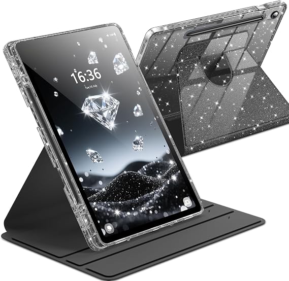 INFILAND Rotating Case for Samsung Galaxy Tab S10 FE/ S9 FE 5G 10.9 Inch/Tab S9 11 Inch 360 Cute Glitter Cover with Clear Back, S Pen Holder for Girls, Kids, Woman (Black)