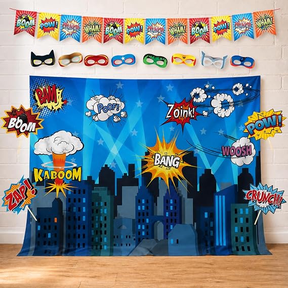 Superhero Cityscape Wall Decor Tapestry for Children Bedroom Living Room Home. Photography Backdrop, Prop, Flag & Mask Kit. As Super Hero City Photo Booth Background, Kids Birthday Party Decoration