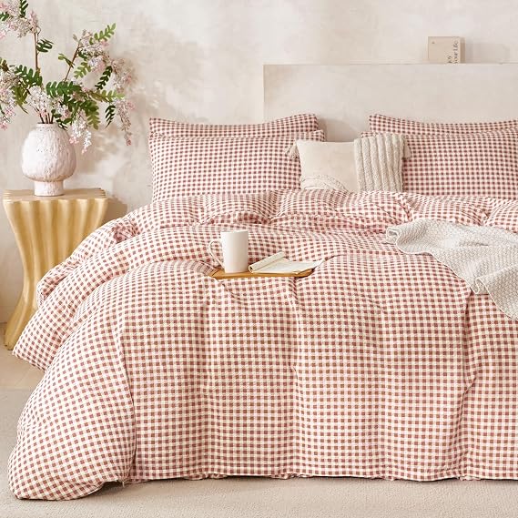 Brown Comforter Set Queen Soft Luxury Washed Microfiber 3 Pieces Bedding Set, White Brown Grid Pattern Comforter with 2 Pillowcases Breathable Durable Comfy