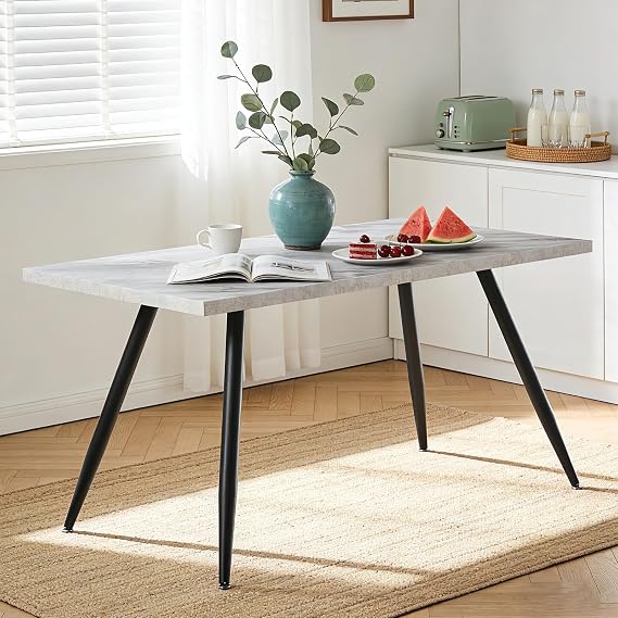 150cm Dining Table White Marble Effect Top for 4-6 People Kitchen Table with Sturdy Metal Legs Rectangular Shape(150 x 90 x 76)