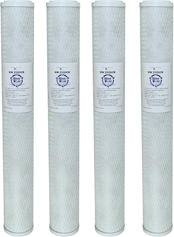 KleenWater Carbon Block Water Filters, 2.5 x 20 Inch Replacement Cartridges, Made in Taiwan, Set of 4, Compatible with RONAQUA, Tier1 EPM-20, iSpring FC25X4 and WCBCS20