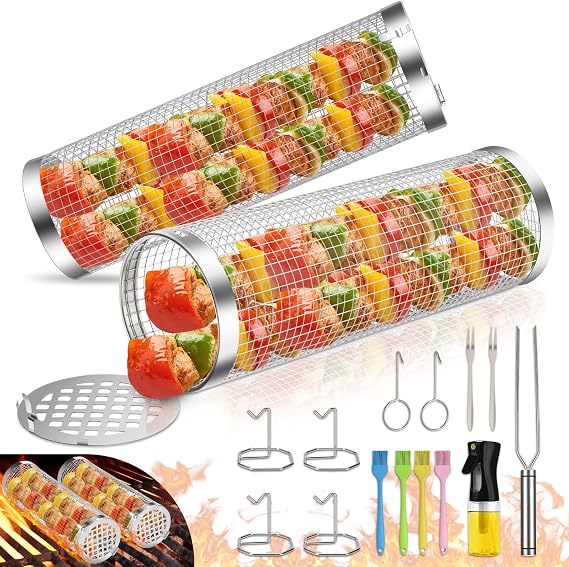 Grill Baskets for Outdoor Grill- 2 PCS, Rolling Grilling Basket, Stainless Steel BBQ Grill Mesh Grilling Accessories for Fish, Shrimp, Meat, Veggies, Fries, Grilling Gift for Men Dad Husband