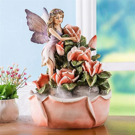 Fairy Angel Indoor Water Fountain, 14" Angel Tabletop Fountain Decor, Cascading 4 Rose Petal Waterfall Decor, Gifts for Mom/Wife/Girl