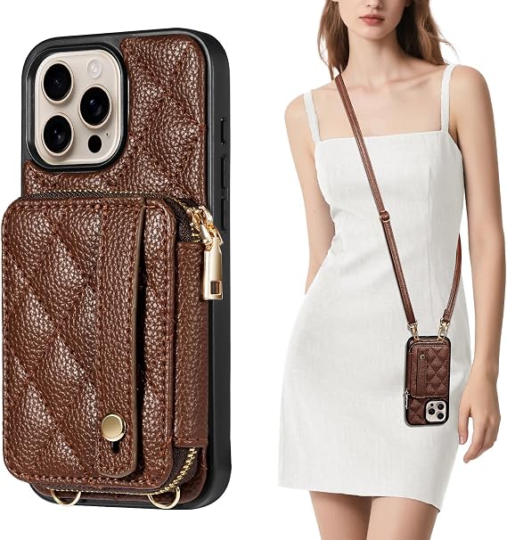 TiMOVO RFID Wallet Case Crossbody Strap for iPhone 16 Pro Max 6.9", Brown