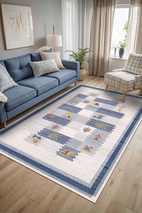 Nera Kilim Desen Şönil Kaymaz Doğal Pamuk Tabanlı Yıkanabilir Antibakteriyel Çevre Dostu Salon Halısı 100x150