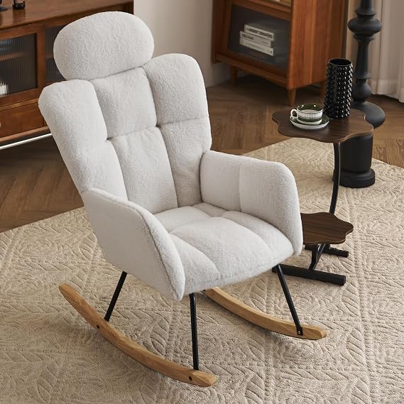 DEKKETO Nursing Rocking Chairs with Headrest, Comfy Nursery Chair for Mom, Wooden Teddy Armchairs for Living Room Bedroom, Ivory