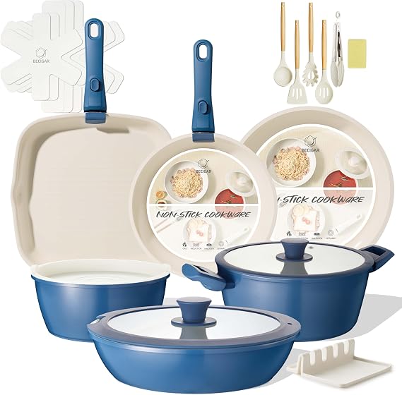 BECIGAR 23pcs Ceramic Pots and Pans Set, Nonstick Detachable Handle Cookware, Induction Kitchen Cooking Set with Removable Handle,include Frying Pans & Saucepans Oven Safe(Blue)