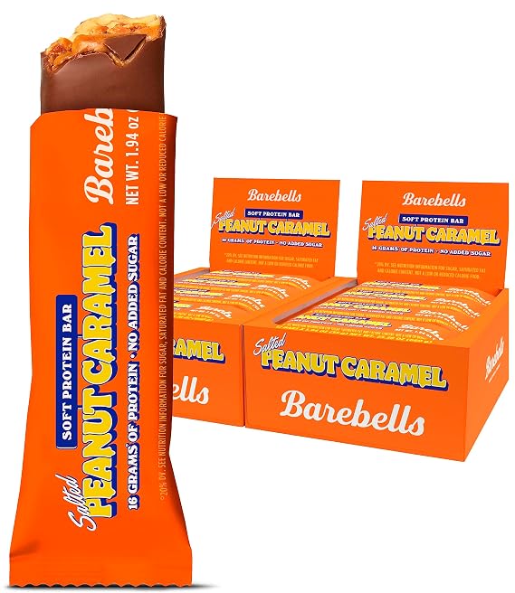 BAREBELLS Soft Protein Bars Salted Peanut Caramel - 12 Count, Pack of 2 - Protein Snacks with 16g of High Protein - Chocolate Protein Bar with 2g of Total Sugars - Soft Protein Snack & Breakfast Bars