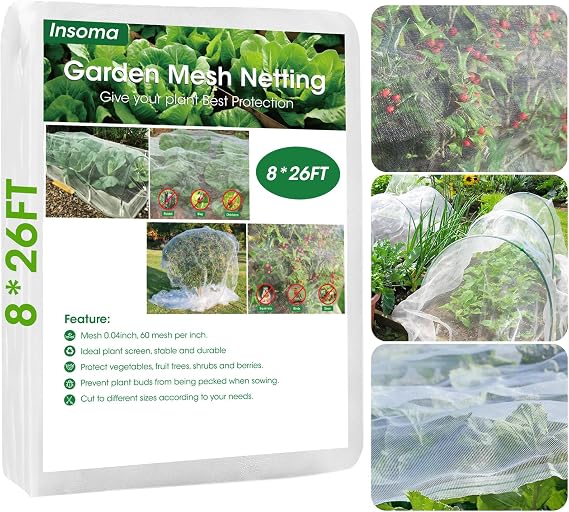 8x26Ft Garden Netting for Raised Bed, Thickened 60 Mesh Bird Netting for Garden Protection, Mesh Insect Row Covers for Plant Pest Barrier Fruits Flowers Crops Greenhouse Protect from Birds Bugs