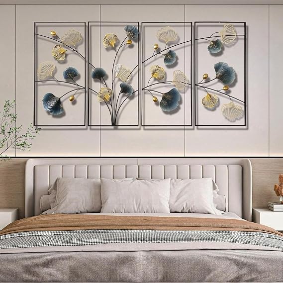 Large 4Pcs 3D Ginkgo Leaf Metal Wall Art Decor For Living Room, Handmade Metal With Frame, Ready To Hang Ornament For Bedroom Dining Room