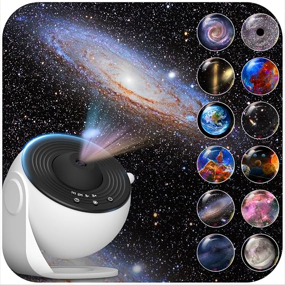 Galaxy Projector for Bedroom, HD Image Star Projector Galaxy Light Adjustable Knob, 13 Film Discs Planetarium Projector for Kids, 360 Rotating 1/2h Timer Simple 3-Button Control Classic Black&White