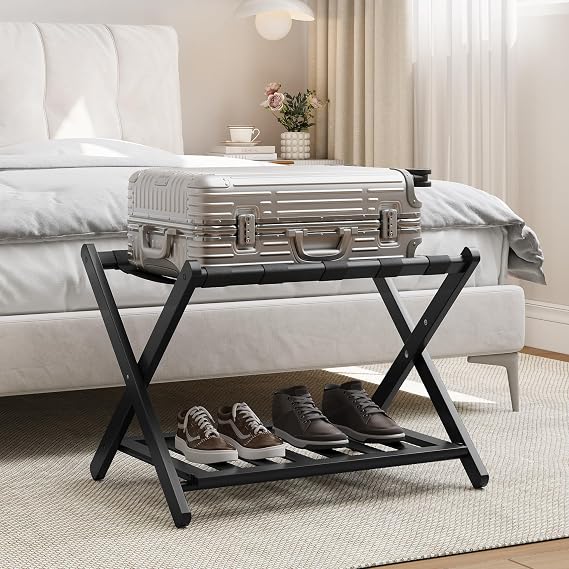 Smart FENDEE Fully Assembled Black Luggage Rack, Suitcase Stand with Shoe Shelf, Folding Wooden Luggage Stand for Guest Room, Bedroom, Hotel