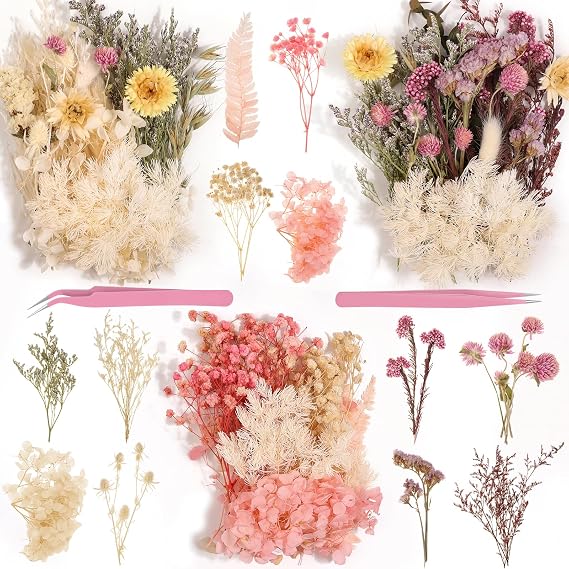 Real Dried Flowers 100% Natural Dried Flowers, Mixed Colors Dried Leaf Flowers for DIY Arts and Crafts Candles Resin Jewelry Nail Pendant Cards Scrapbooking Wedding Home Decoration (Pink)