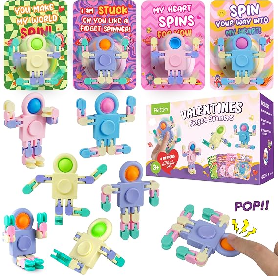 Feltom 28 PCS Chain Press Vent Spaceman - Valentines Cards for Kids Wacky Track Finger Fidget Sensory Stress Relief Toy - Valentine Exchange Prizes for Girls Boys School