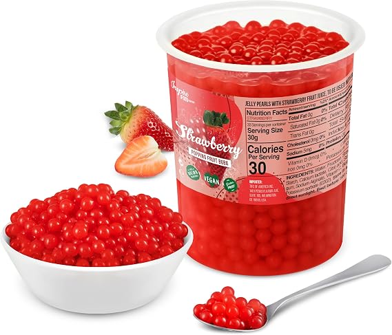 The Inspire Food Company Popping Boba Pearls for Bubble Tea - 1 KG | Strawberry | Bursting Pearls Bubble | Real Fruit Juice For Shakes, Dessert,Smoothie | 100% Vegan & Glutenfree, No Artificial Colors | Tapioca Pearl for Bubble Tea | 100% Vegan and Gluten Free, No Artificial Colouring