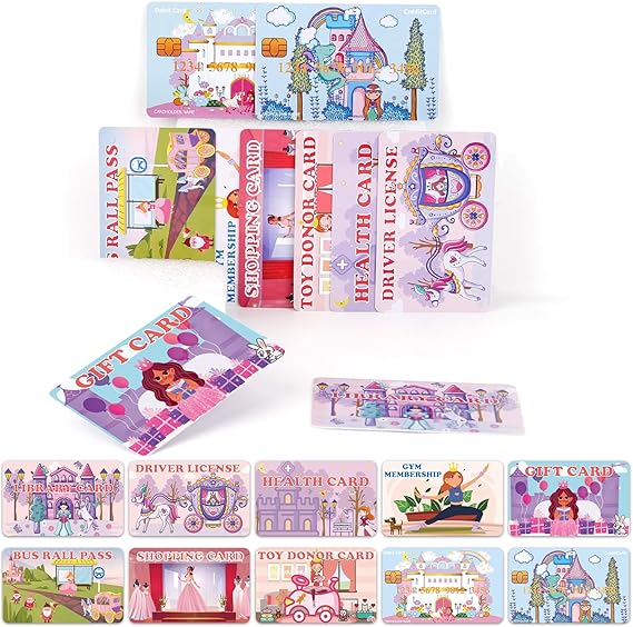 Fake Credit Cards for Kids, Princess Play Credit Cards Pretend Debit Credit Cards for Girls,Driver's License, Membership Play Cards, Fake Toy Cards 10pcs