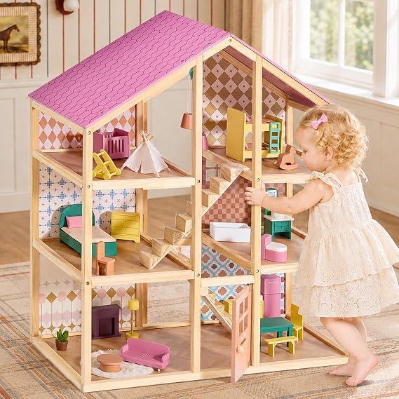 Tiny Land Wooden Dollhouse for Girls - 6 Rooms Wooden Doll House
