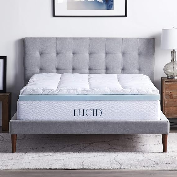 LUCID 4" Down Alternative & Gel Memory Foam Mattress Topper, Twin XL Three Toppers in One Fitted Sheet Style, 100% Cotton