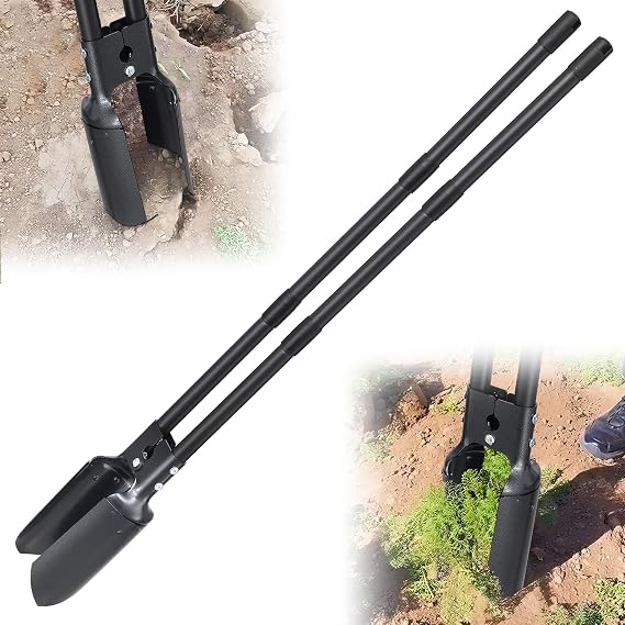 Post Hole Digger Tool, Heavy Duty Post Hole Digger with 55 Inch Handle, Dual Sharp Blades for Soil Plugging, Digging, Cultivating, Weeding, Manual Post Hole Digging Tool Garden Shovel Grey
