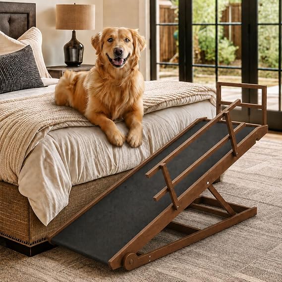 Dog Ramp for Bed & Couch, 5-Level Adjustable Wooden Pet Ramp for Bed & SUV