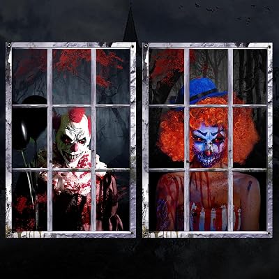 EDYCON 2 Pack Halloween Ghost Curtain Decorations Halloween Window Scary Male Female Blood Ghost Window Cover Halloween Horror Poster for Indoor Outdoor Party Decor Clown Ghost