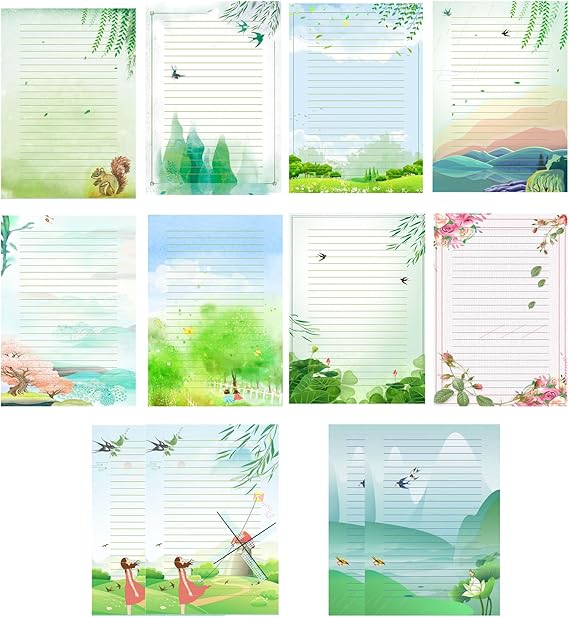 Writing Stationery Paper Set- 50 pcs Lined Stationery Paper for Writing Letters, Notes, Invitations, A4 Size,10 Different Style