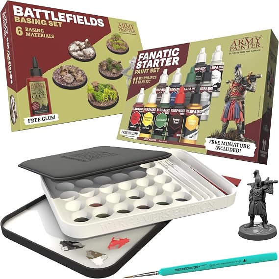 The Army Painter,Hobby Essentials Bundle - Warpaints Fanatic Starter Set, Battlefield Base Set with Wet Pallet XL & 1 Dipit Brush - Miniature