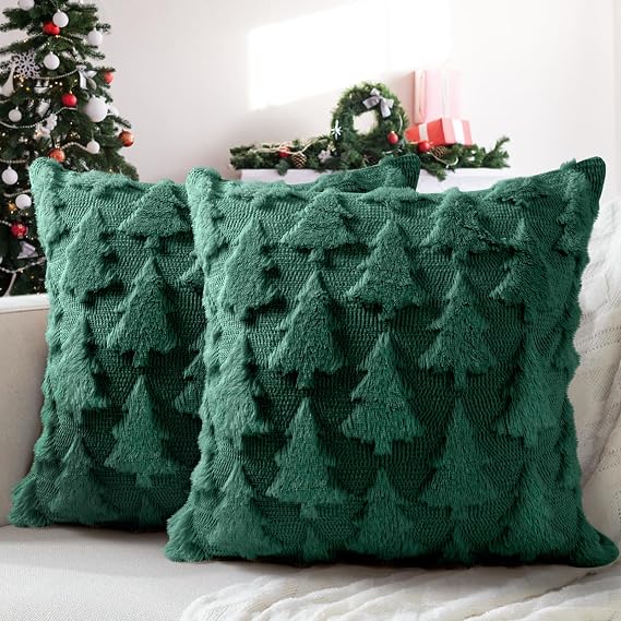 Christmas Pillow Covers 18x18 inch,Christmas Tree Decoration Soft Plush Faux Fur Throw Pillows Covers for Winter Holiday Festivals Bedroom Sofa Home Decor (Green)