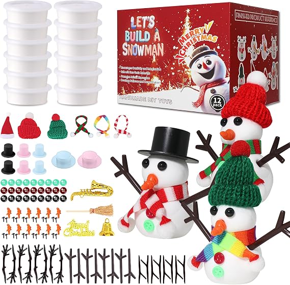 LAHAND 12-Pack Christmas Snowman Crafts Sets for Kids, Modeling Clay Snowman DIY Kit,Christmas Stocking Stuffers for Kids, Perfect for Winter Children's Holiday Party Decoration Gifts