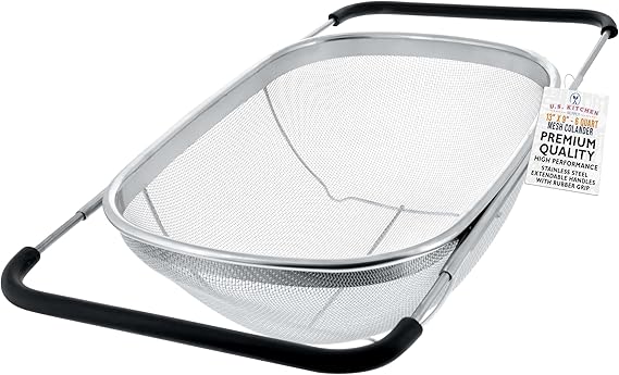 U.S. Kitchen Supply Stainless Steel Colander Strainer - 6-Quart Collapsible Colander with Expandable Rubber Handles - Rectangular Sieve, Fine Mesh Stainless Steel Strainers and Colanders for Kitchen