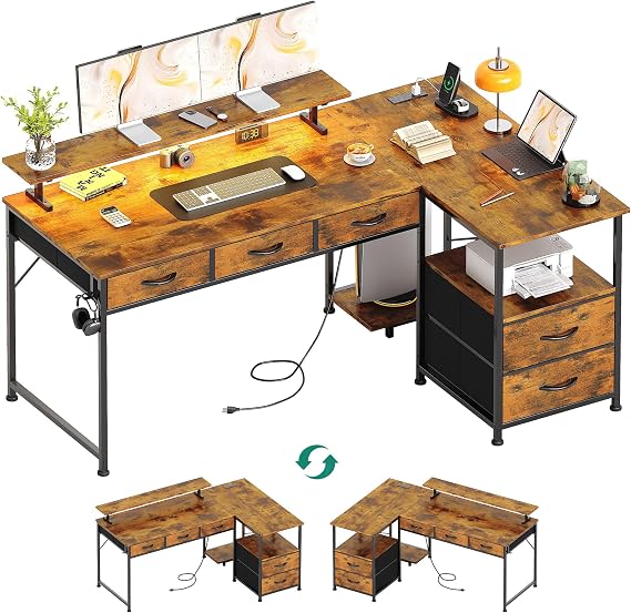 140cm Large Computer Desk with 5 Fabric Drawers, Home Office Work Desk with Power Outlets & Monitor Stand, L Shaped Gaming Desk with CPU Stand, Reversible Wooden Corner Desk, Rustic Brown