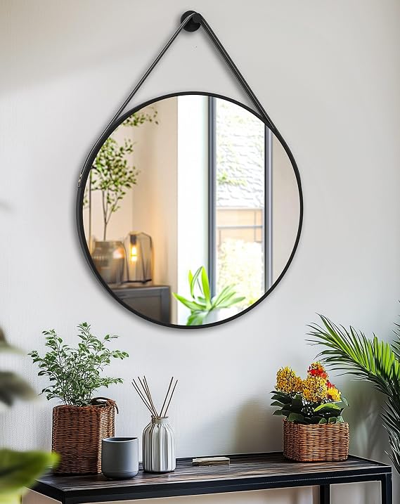 Hanging Strap Wall Mirror: 23.6" Round Bathroom Mirror Black Frame