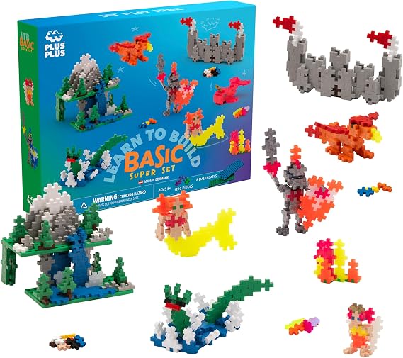 PLUS PLUS - Learn to Build Super Set - Basic Mix, 1,200 Pieces w/ 4 Baseplates - Construction Building Stem / Steam Toy, Interlocking Mini Puzzle Blocks for Kids | Stem Toys for Kids, Sensory Bin Fillers, Math Manipulatives, Classroom Must Haves, Gifts for Boys & Girls, Stem Bins