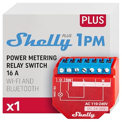 Shelly Plus 1PM | WLAN and Bluetooth relay switch, current metering, 16 A, light control, works with Alexa and Google Home, iOS and Android app, no hub required