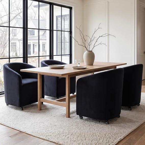 CIMOTA Black Velvet Barrel Dining Chairs with Wheels, Set of 4 Modern Upholstered Swivel Dining Room Chairs on Casters for Kitchen, Living Room