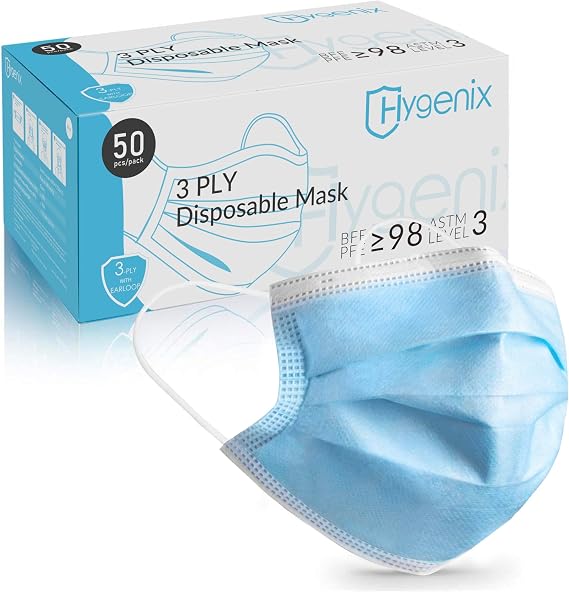 Hygenix FDA Cleared ASTM Level 3 Procedure Face Masks, Made in USA, 98% Filtration, Fluid Resistant, 3-Ply Ear Loop, 50 Pack