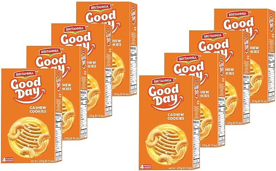 Britannia Good Day Cashew Cookies Family Pack 8.15oz (231g) - Breakfast & Tea Time Snacks - Delicious Grocery Cookies (Pack of 8)