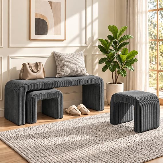 Clevich 3 Piece Nesting Ottoman Bench Set, Bedroom Bench with 2 Footstools
