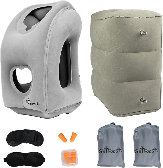 Inflatable Travel Pillow (Grey) and Adjustable Height Inflatable Foot Rest Pillow (Grey) for Airplane, Car, Train, Home & Office- 2 Drawstring Bags, eyemasks and earplugs Included