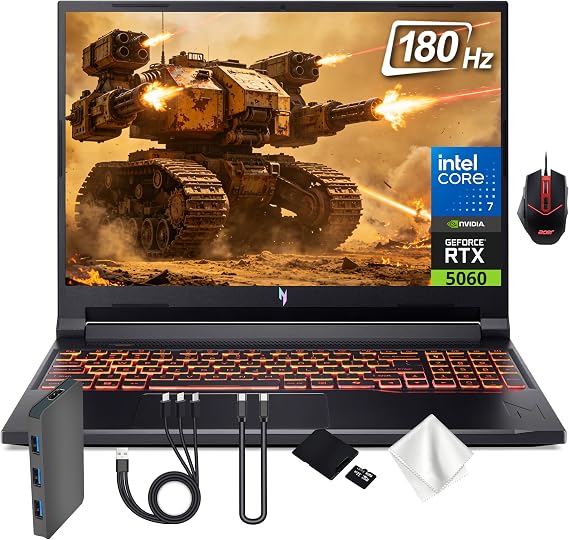 Acer Nitro V 16 16" WUXGA 180Hz Gaming Laptop, Intel Core 7 240H, NVIDIA GeForce RTX 5060, 64GB DDR5, 5TB Storage(4TB SSD&1TB Docking), Backlit Keyboard, Copilot+PC, Nitro Mouse, Win 11, Black