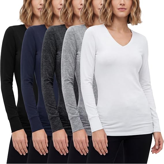 Sexy Basics Women's Cotton Stretch Long Sleeve V- Neck Athletic Tops | Casual & Active Color T Shirts | Multi Packs