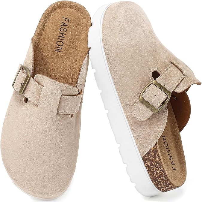 Women's Suede Platform Clogs with Cork Footbed, Closed Toe Sandals with Adjustable Buckle, Mules Anti Slip On, Comfort Potato Shoes Footwear, Memory Foam Slippers Outdoor