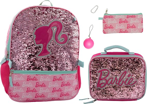 AI ACCESSORY INNOVATIONS Barbie 4 Piece Backpack Set, Sparkle & Shine with this Magic Flip Sequin School Bag for Girls with Zip Front Pocket, Pink