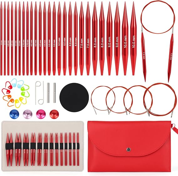 Aeelike Interchangeable Circular Knitting Needles Set with Case, Red