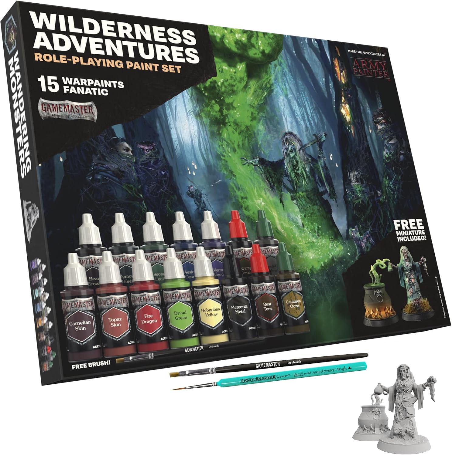 The Army Painter、GameMaster:Wilderness Adventures ロールプレイングペイントセットコンボ、15x18ml ウォーペイント ファナティックアクリル、ブラシ2本、無料のハードプラスチックスナップフィットハッグミニチュア1本