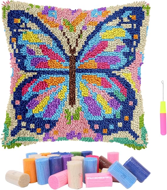 Latch Hook Cushion Kit 17x17Inch Cute Animal Pattern Pillow Cover Pre-Printed DIY Embroidery Rug Kit with Yarn&Tools Handmade Cross-Stitch Set for Adults Kids Beginners Home Decoration (Butterfly)