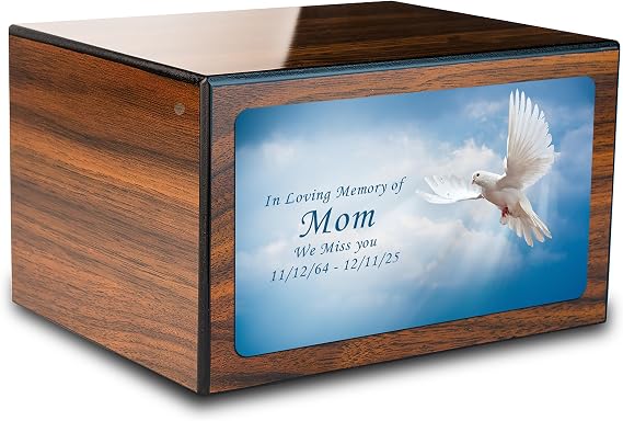 GetUrns Heritage Adult Walnut Cremation Urn Box for Human Ashes I Doves UV Printed Wooden Urns for Male and Female I 213lbs