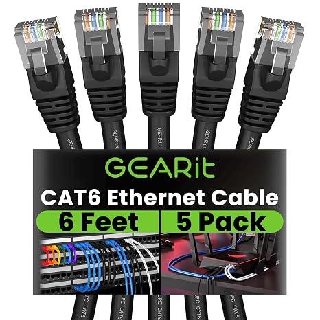 GEARit Cat6 Patch Cables Cat 6 Ethernet Cable 6 ft 5-Pack Black