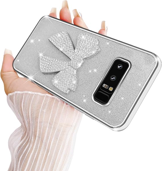for Samsung Galaxy Note 8 Case for Women Glitter Stylish Soft Clear TPU Luxury Cute 3D Bowknot Crystal Sparkly Shiny Protective Cover with Strap for Samsung Galaxy Note 8 (Bowknot Silver)