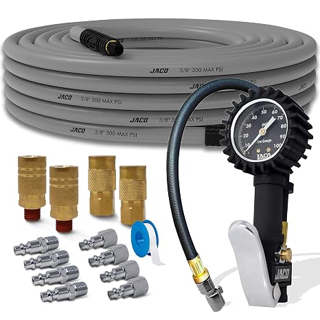 JACO FlexFlow Tire Inflation Bundle Kit (JSP-1000) with FlowPro Inflator Gauge (100 PSI), Flexpro Air Compressor Hose, Industrial Quick Connect Fittings (12 Pack, 1/4" NPT)